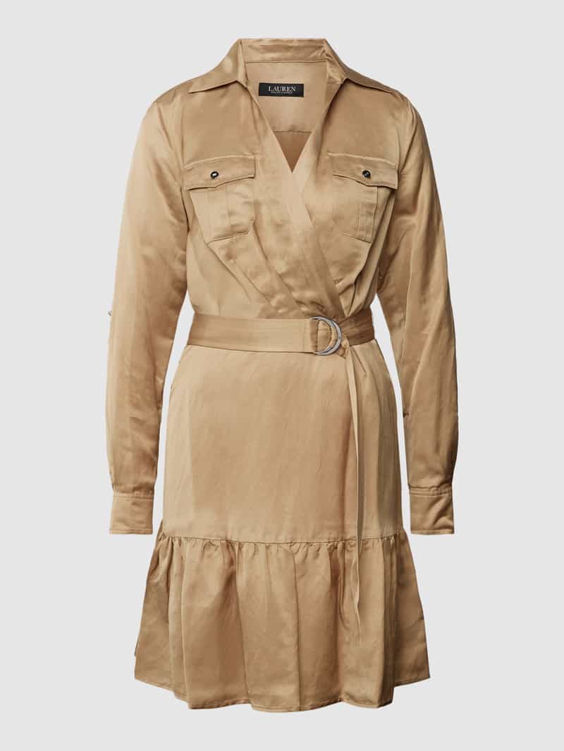 Lauren Ralph Lauren Knielanges Hemdblusenkleid in Wickel-Optik aus Viskose-Leinen-Mix in Camel, Größe 34