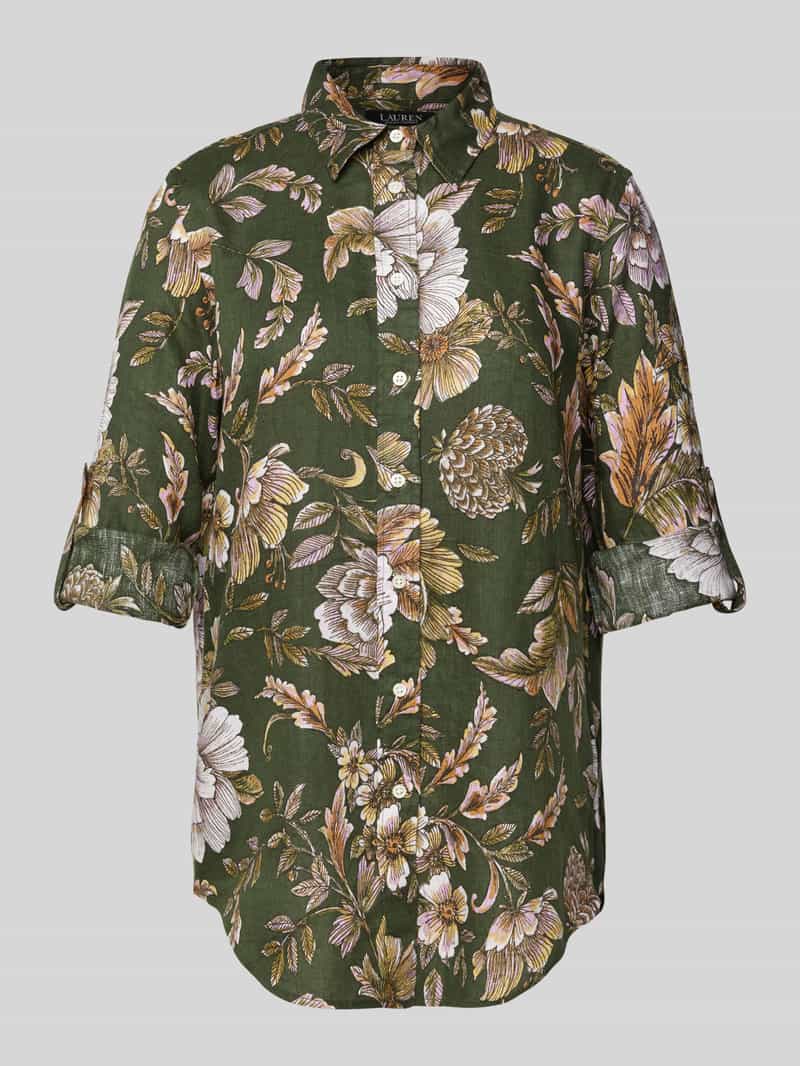 Lauren Ralph Lauren Regular Fit Leinenbluse mit Hemdblusenkragen Modell 'KARRIE' in Oliv, Größe S