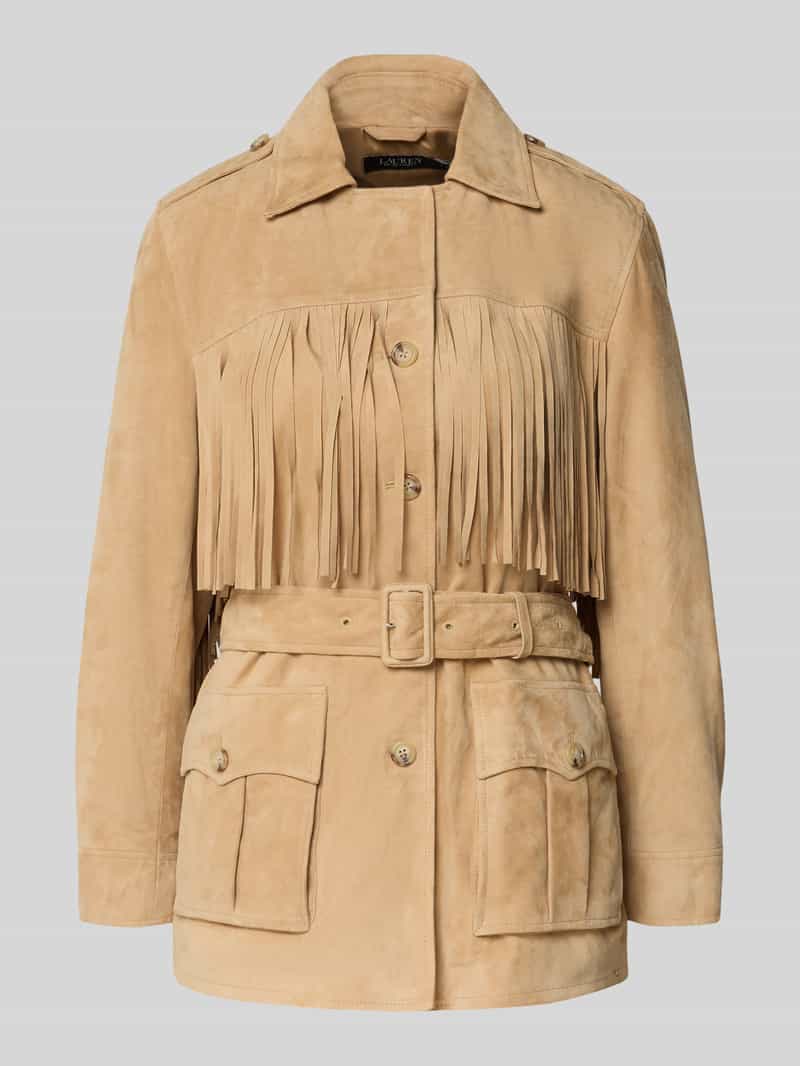 Lauren Ralph Lauren Lederjacke aus Ziegenvelours mit Fransen Modell 'MAJAYA' in Sand, Größe 34