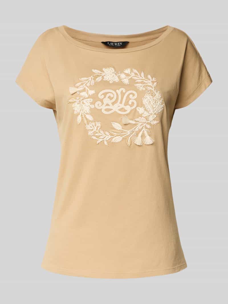 Lauren Ralph Lauren T-Shirt mit geripptem U-Boot-Ausschnitt Modell 'GRIETA' in Sand, Größe L