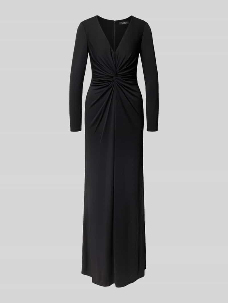 Lauren Ralph Lauren Abendkleid mit V-Ausschnitt und Knotendetail Modell 'NADIRA' in Black, Größe 34