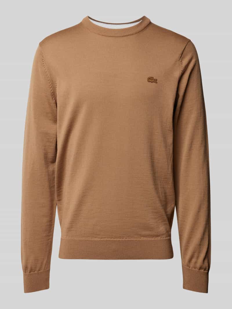 Lacoste Strickpullover aus reiner Wolle mit Logo-Patch in Beige, Größe XXXL