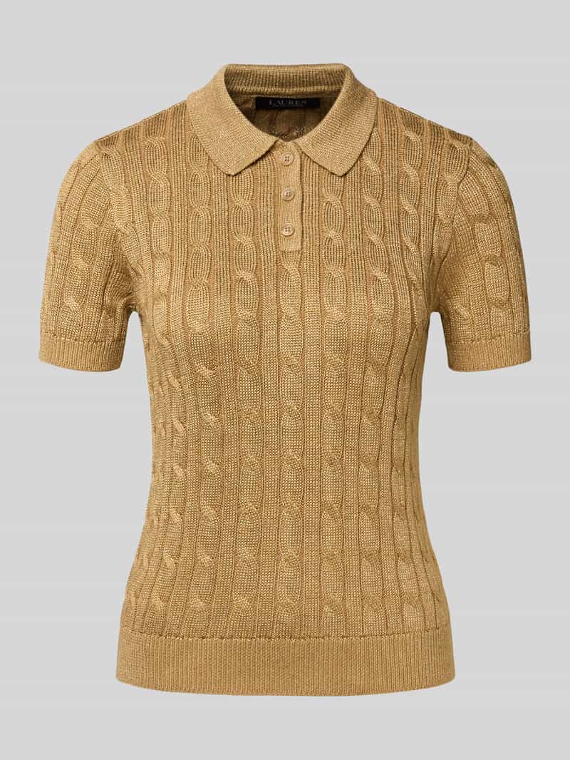 Lauren Ralph Lauren Strickshirt mit Zopfmuster und Polokragen Modell 'NATRISSA' in Gold, Größe L