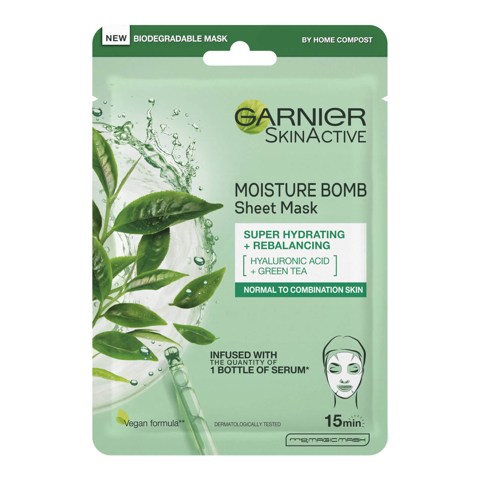 Garnier Moisture Bomb Grüner Tee Feuchtigkeitsspendende Gesichtstuchmaske für Mischhaut 32 g