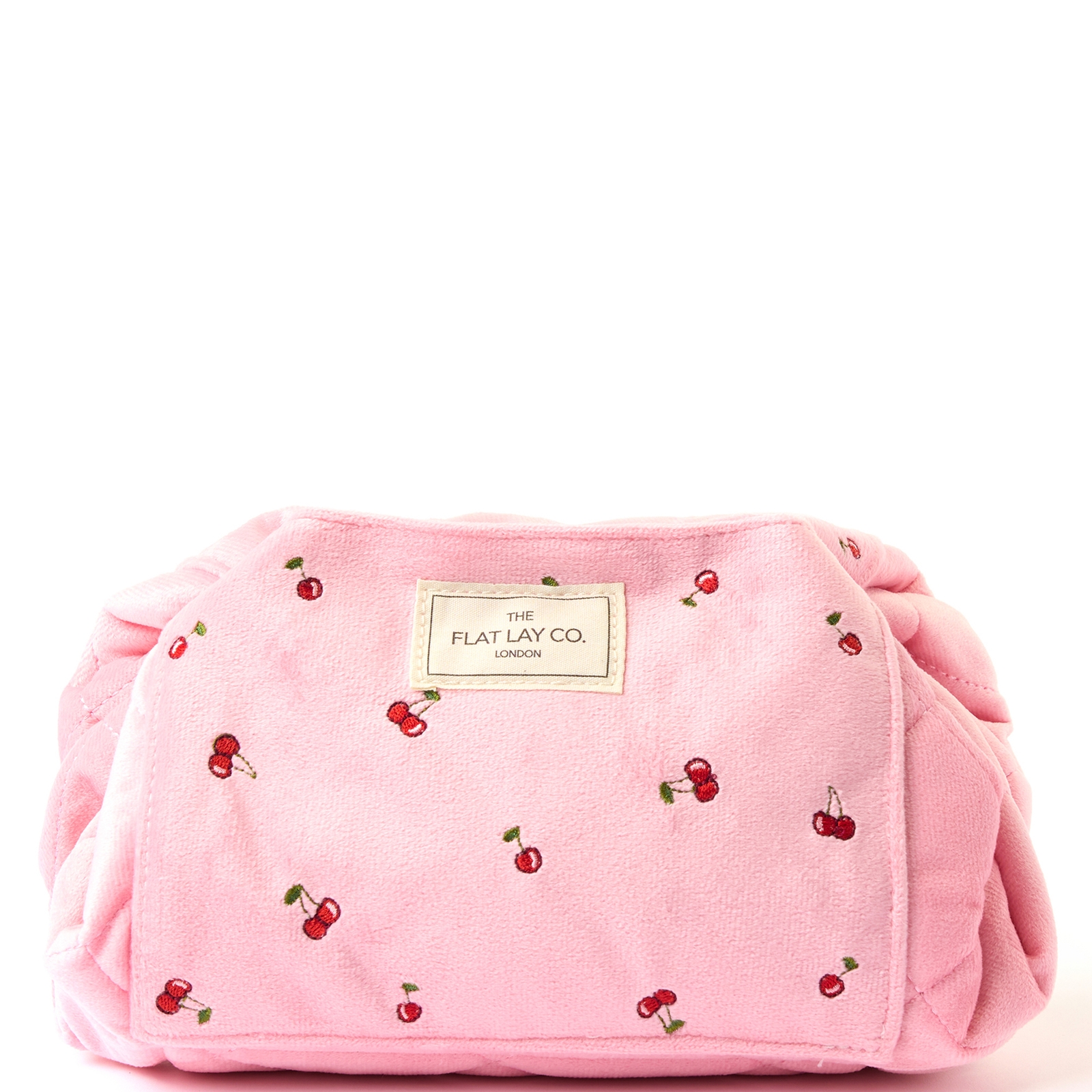 The Flat Lay Co. Drawstring Flat Lay Makeup Bag - Ditsy Cherries Pink Embroidered Velvet