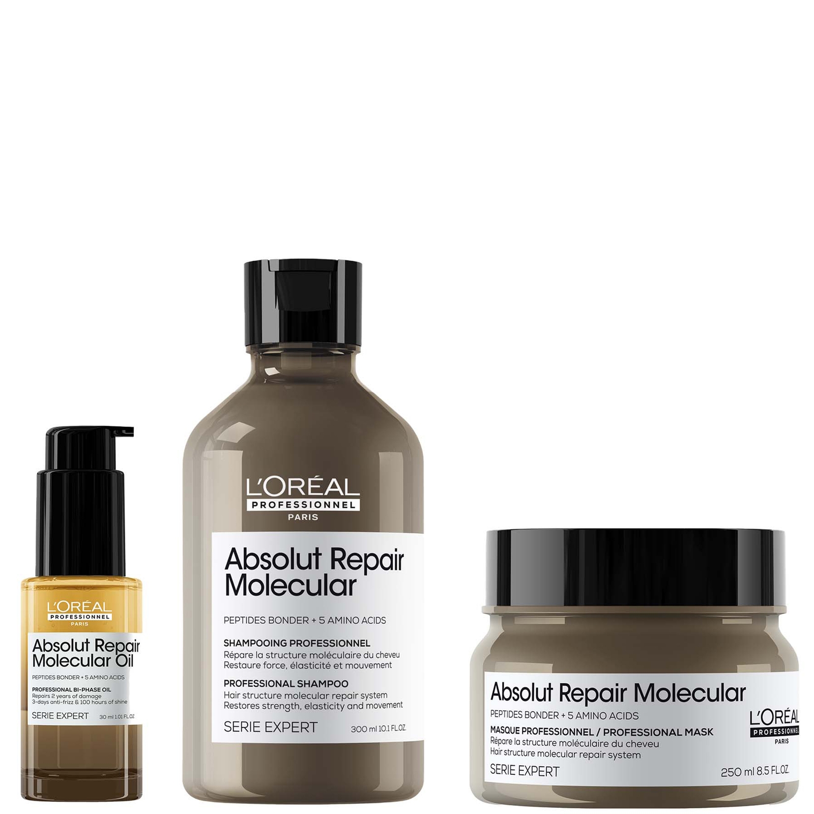 L'Oréal Professionnel Absolut Repair Molecular Shampoo 300ml, Hair Mask 250ml & Bi-Phase Hair Oil for Damaged Hair 30ml