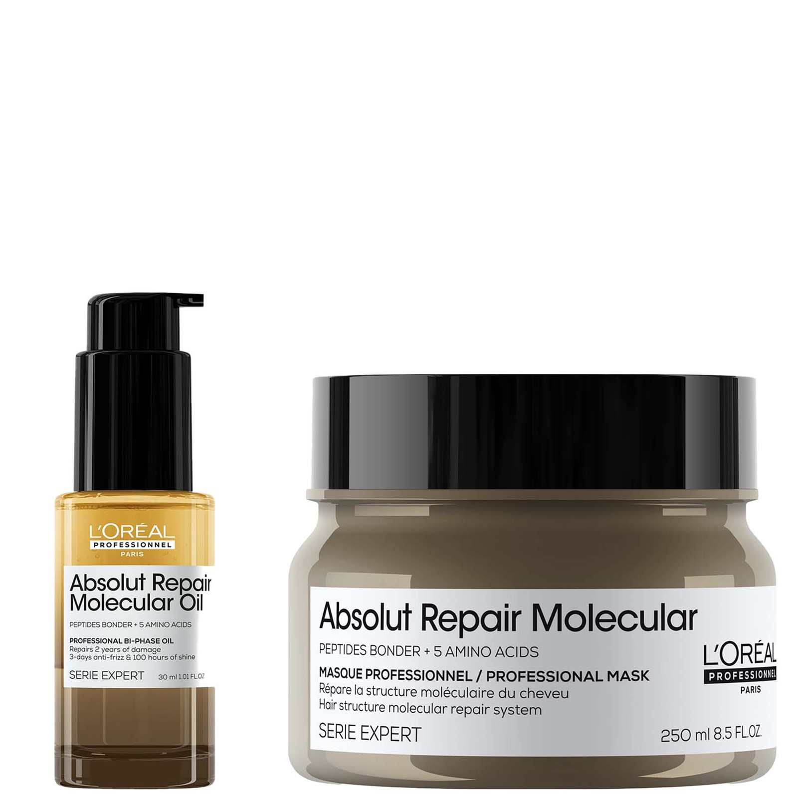 L'Oréal Professionnel Absolut Repair Molecular Rinse-off Hair Mask 250ml & Bi-Phase Hair Oil for Damaged Hair 30ml