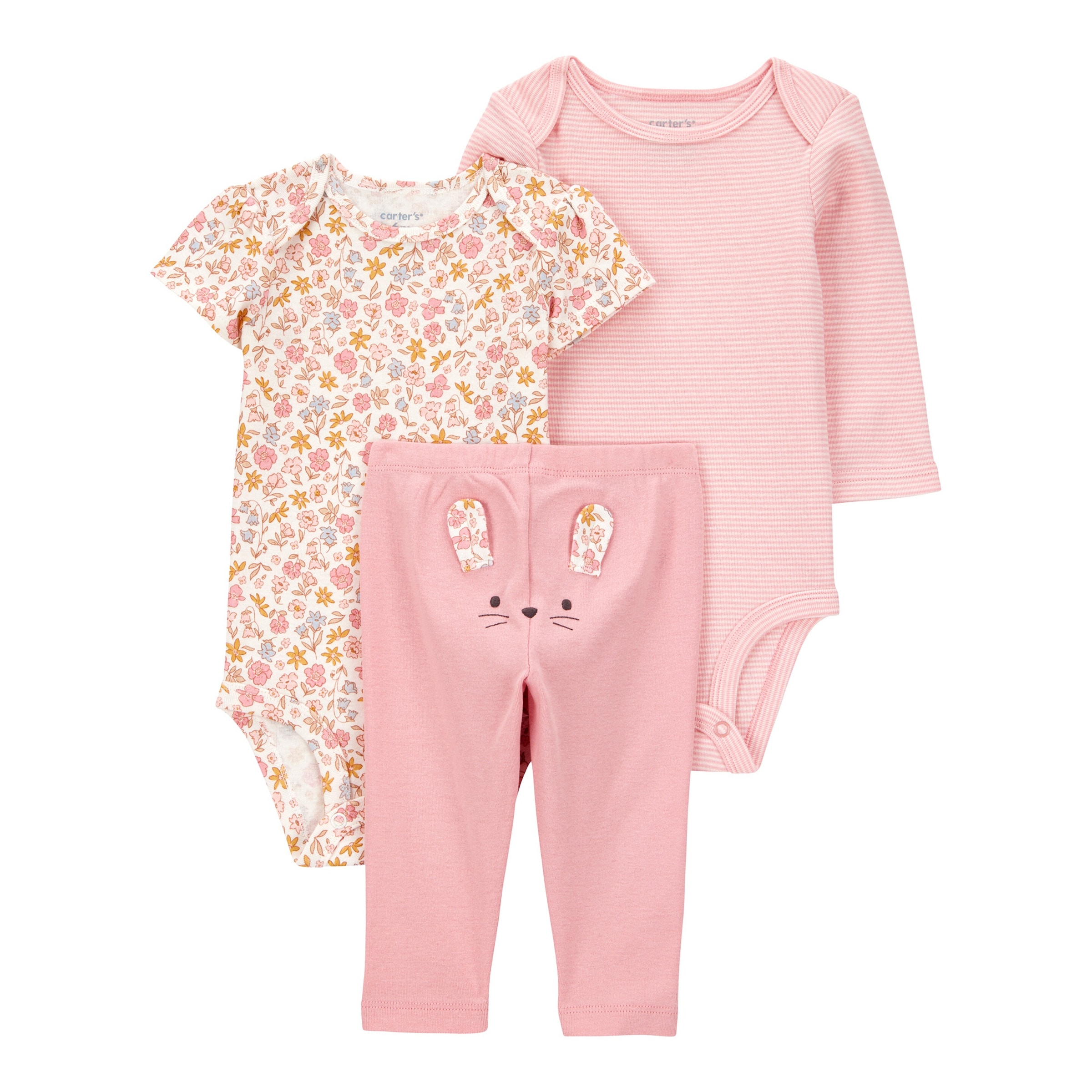 3-tlg. Set Body kurzarm, Body langarm und Leggings Blumen Ringel Hase