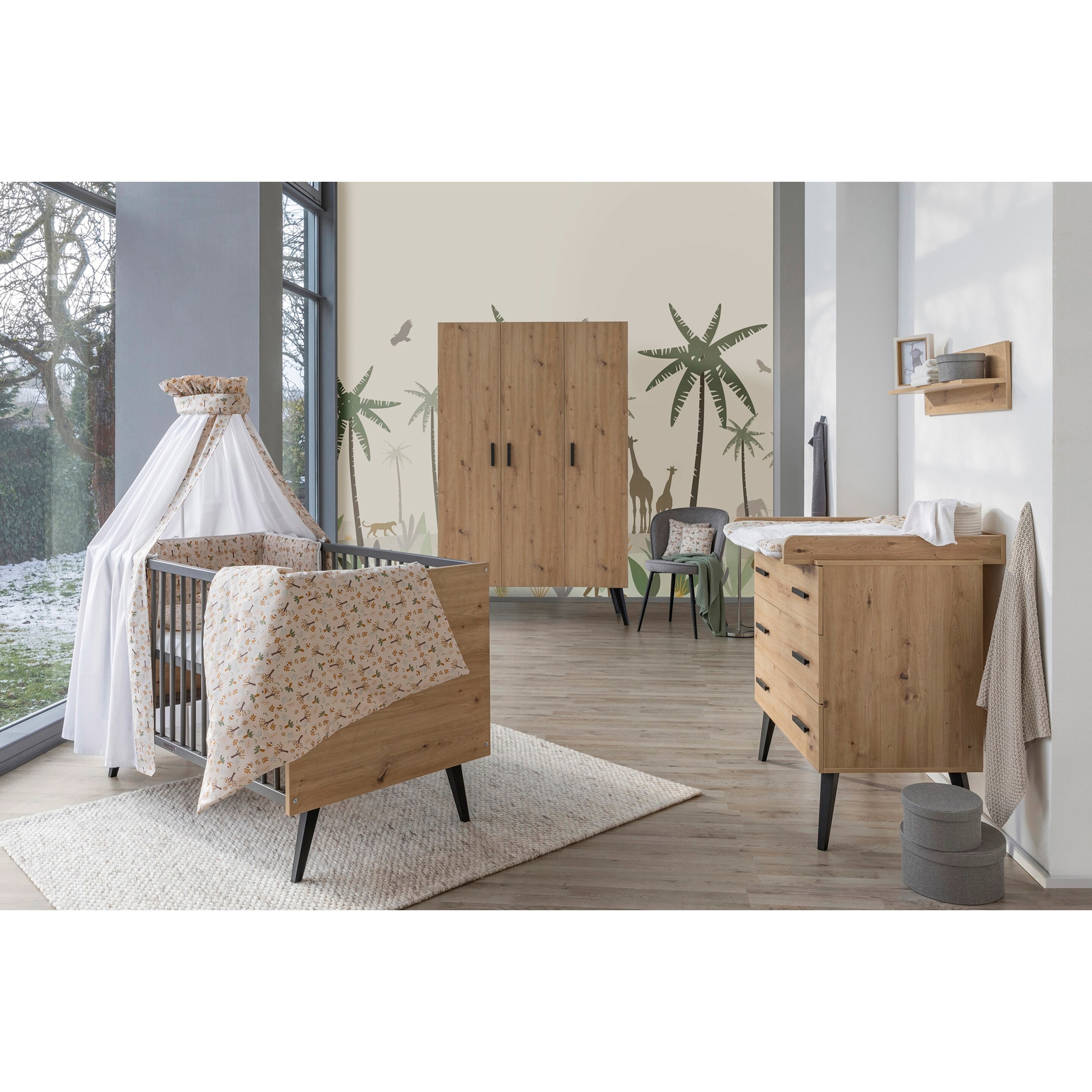 3-tlg. Babyzimmer Morris Oak mit 3-türigem Kleiderschrank