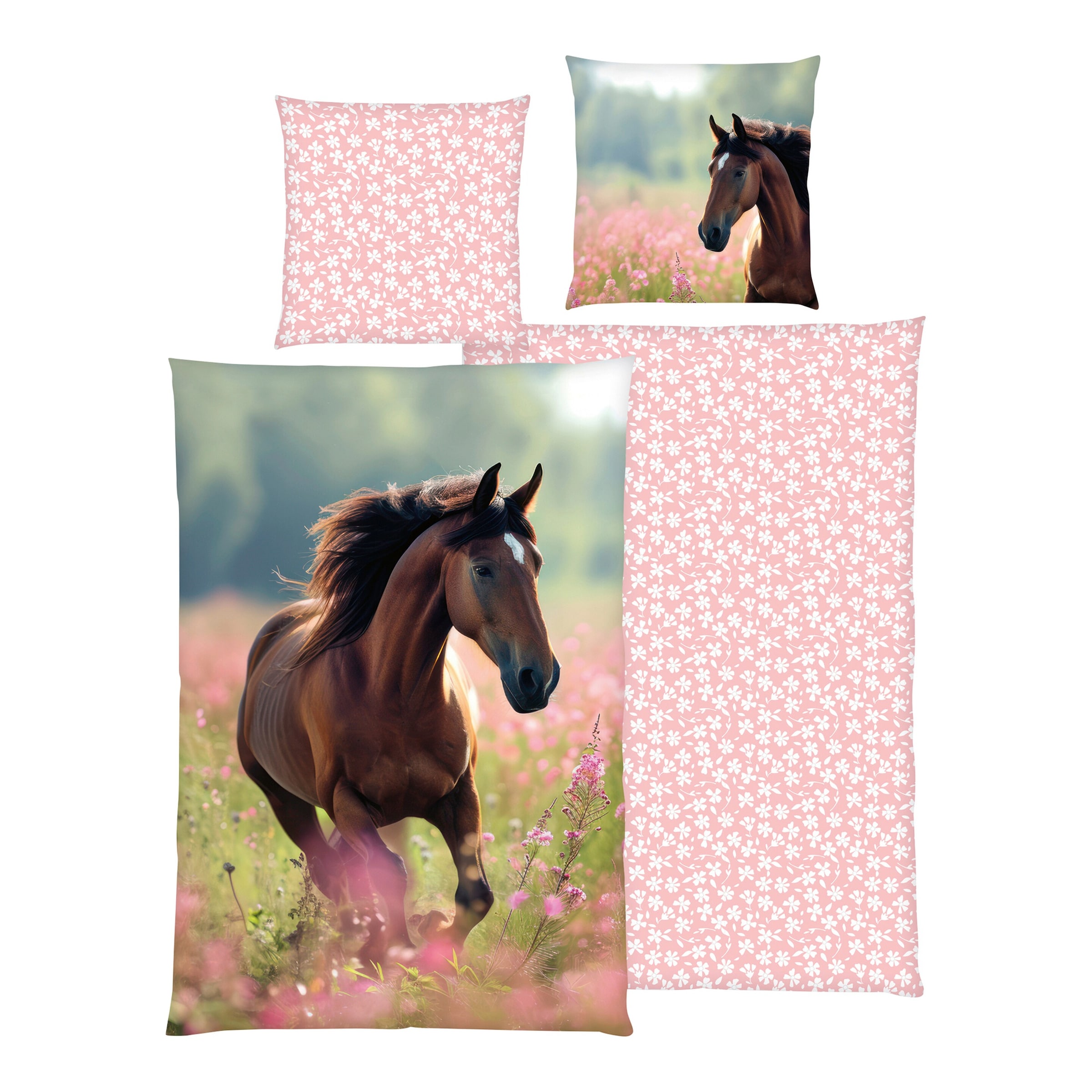 Renforcé Wende-Bettwäsche Pferd 80x80 / 135x200 cm