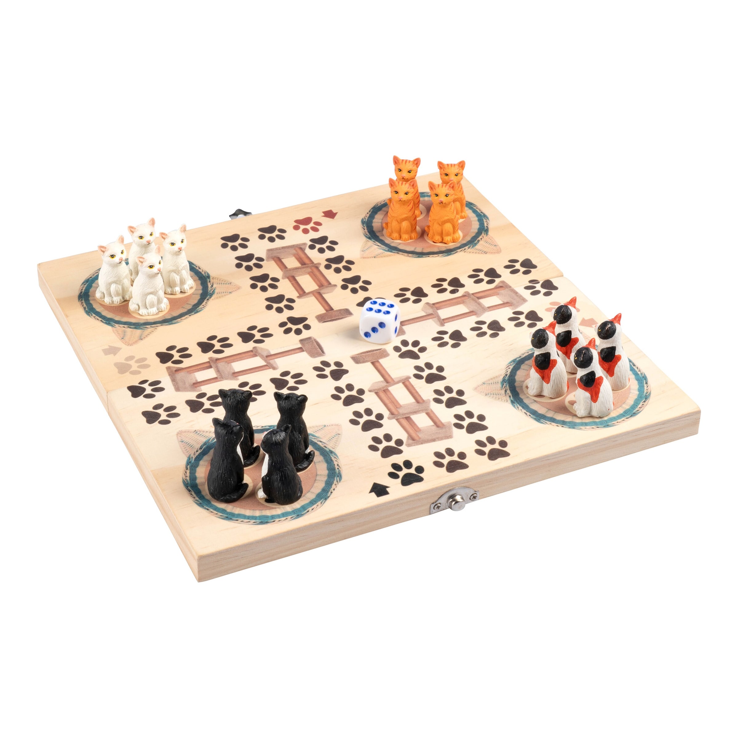 genialoLudo-Brettspiel „Katzenärger“, Holzspielbrett, 16 Spielfiguren + Würfel