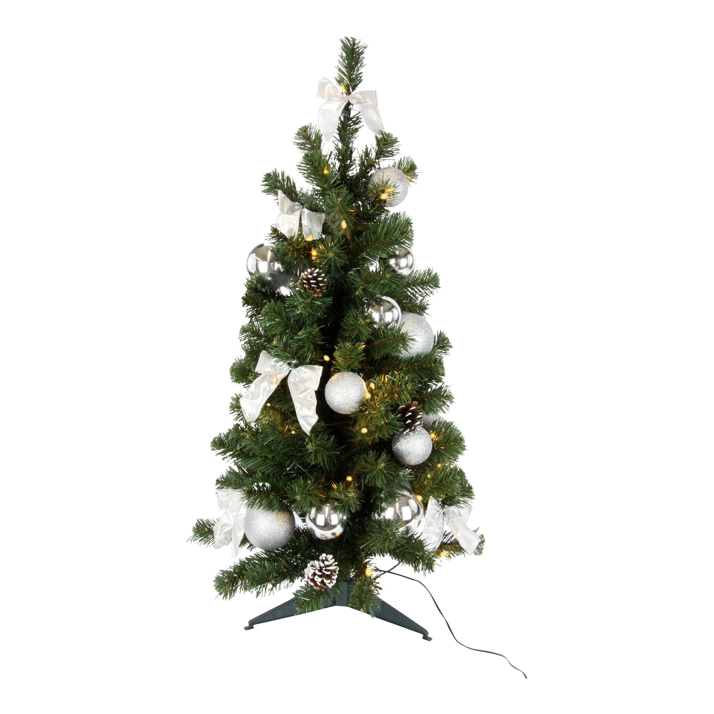 Künstlicher Weihnachtsbaum mit LED-Beleuchtung, geschmückt, silber