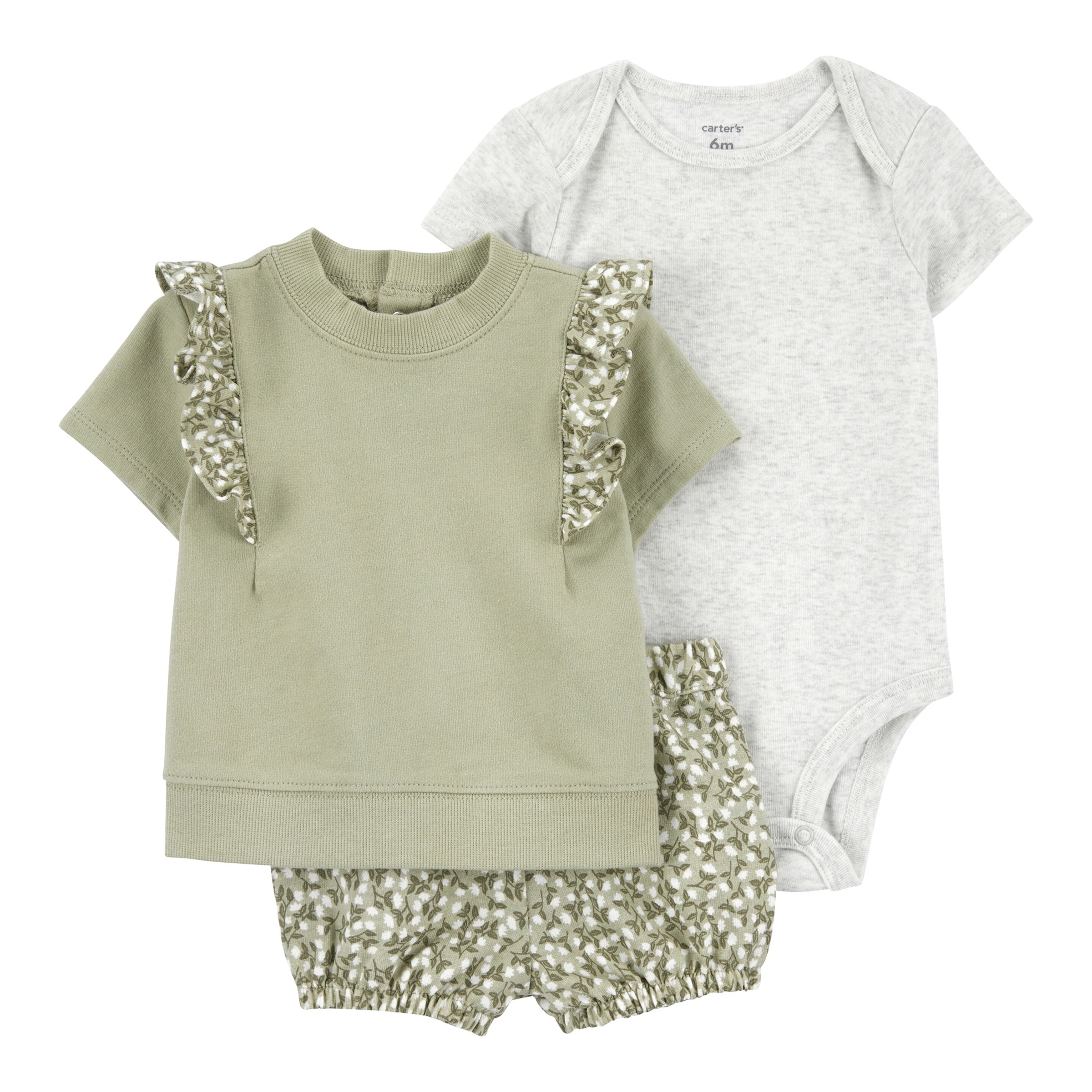 3-tlg. Set Body kurzarm, T-Shirt und Shorts Blumen