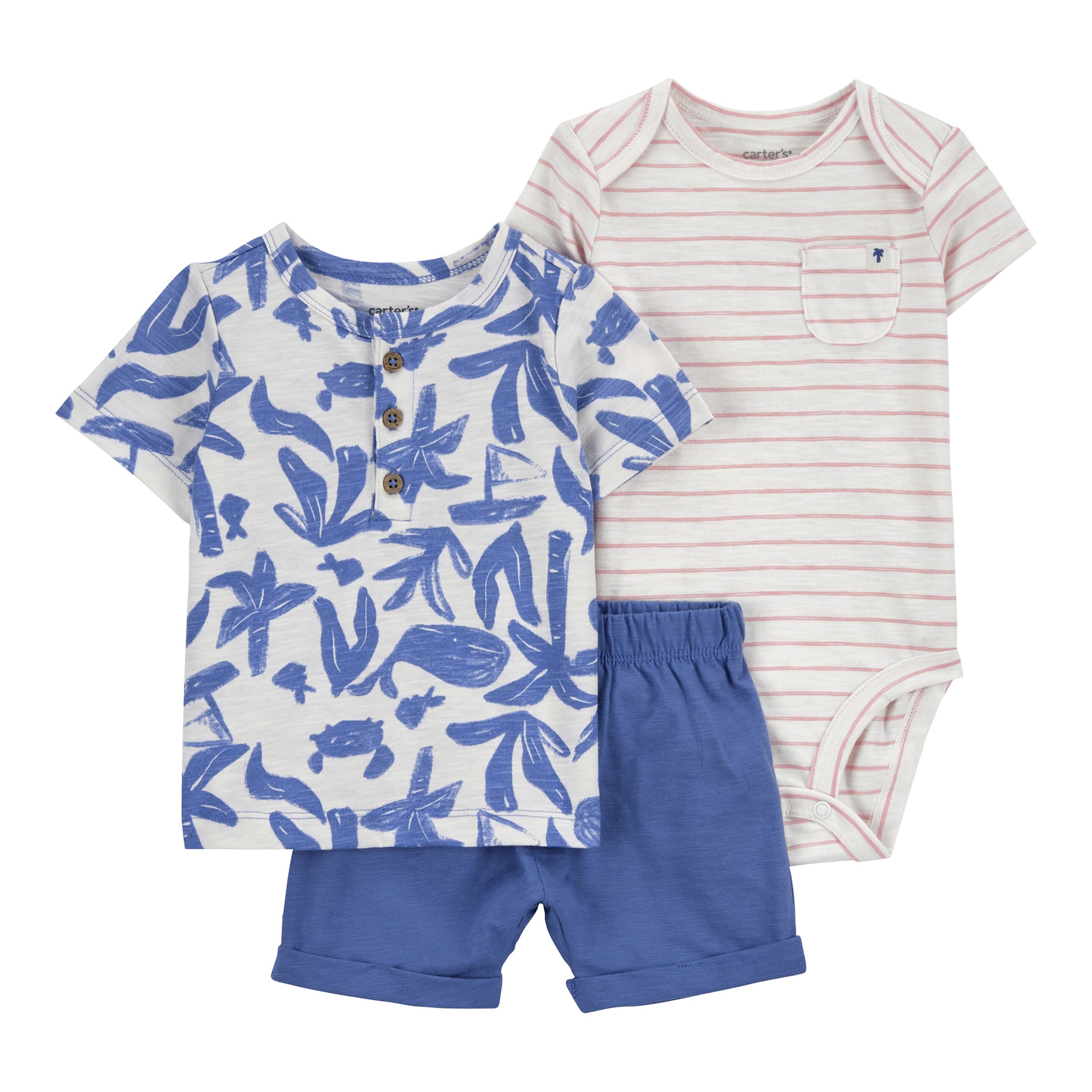 3-tlg. Set Body kurzarm, T-Shirt und Shorts Ringel Meer