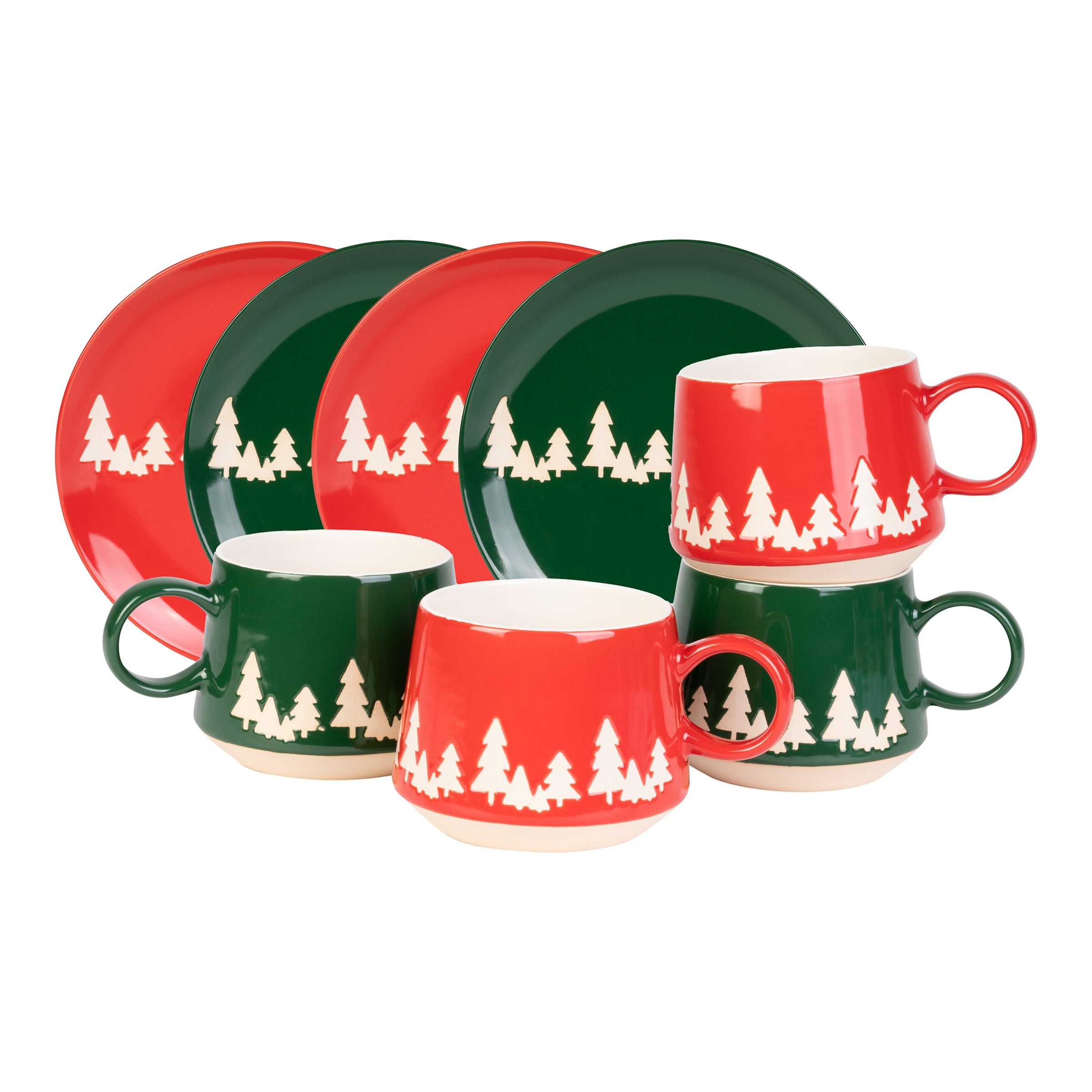 genialoTassen & Teller-Set „Tannenbäume“, 8-teilig