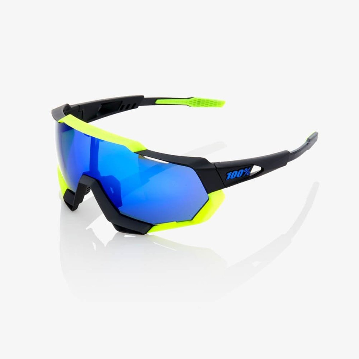 100% Speedtrap Polierte Sonnenbrille mattschwarz und neongelb mit elektrischem blauen Spiegel