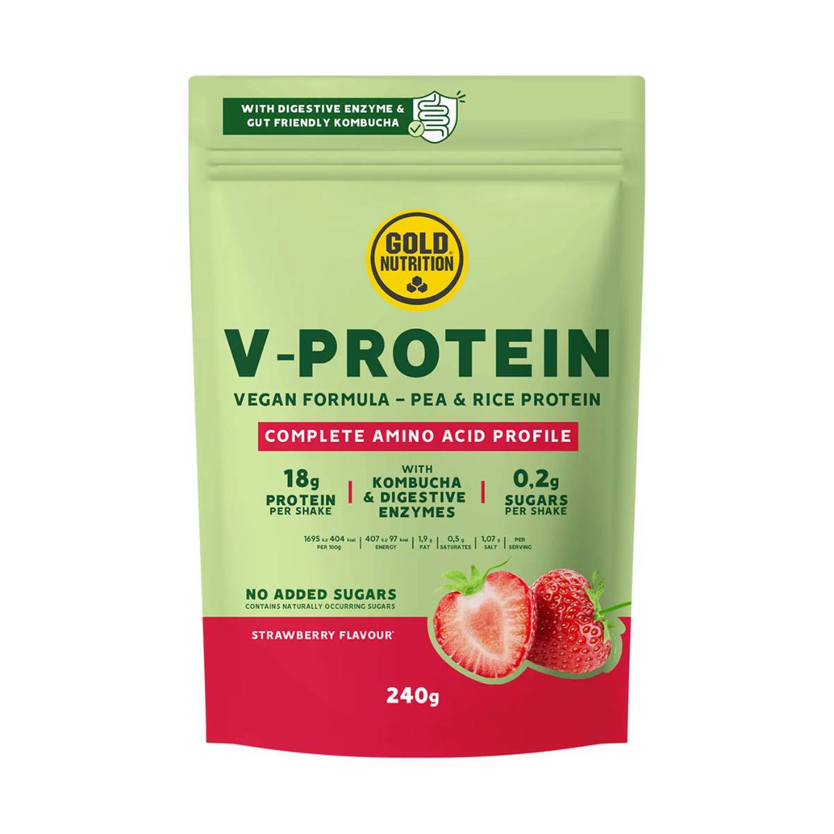 Veganes Protein GoldNutrition V-Protein Kombucha Erdbeere 240g