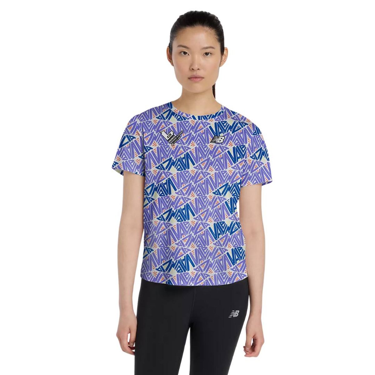 New Balance Valencia Marathon Printed Athletics Lila Blau Damen T-Shirt, Größe XS.