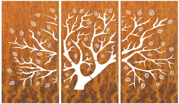 Edelrost Sichtschutzwand 3er Set Baum, inkl. Vierkantrohren