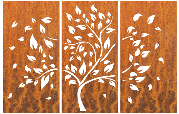 Edelrost Sichtschutzwand 3er Set Baum geschwungen, inkl. Vierkantrohren