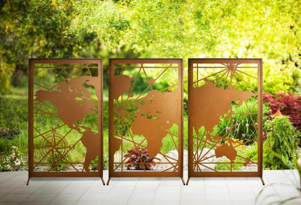 Edelrost Sichtschutzwand Weltkarte 3er Set