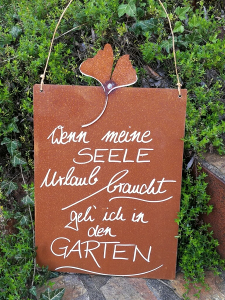 Edelrost Schild mit Ginkgo 'Garten - Seele'