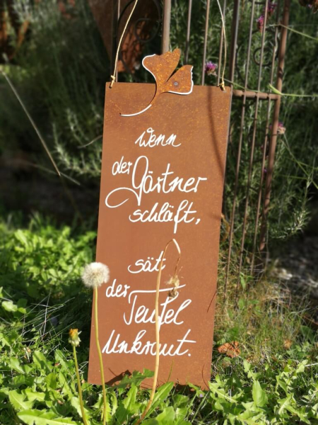 Edelrost Schild mit Ginkgo Teufel, Unkraut