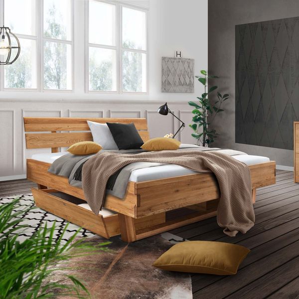 Bett Inula Komfort Wildeiche Massivholz mit Schubkasten