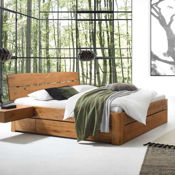 Bett Losket Komfort Wildeiche Massivholz mit Schubkasten