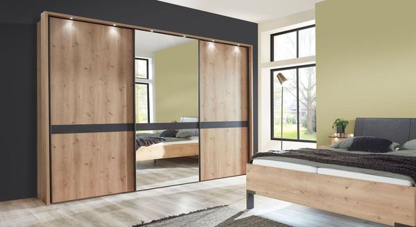 Schwebetüren-Kleiderschrank Lothas Eiche Dekor mit Spiegel