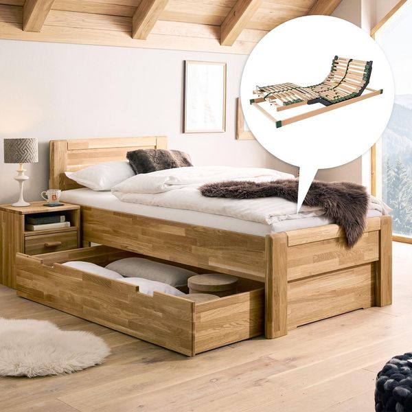 HOMELIV. Seniorenbett Ewen Komfort Wildeiche Massivholz mit Schubkasten