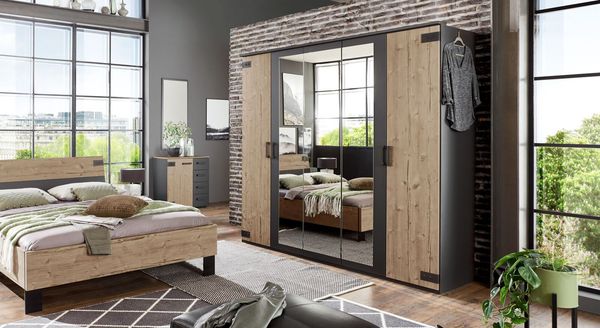 Drehtüren-Kleiderschrank Midori Tanne Dekor mit Spiegel