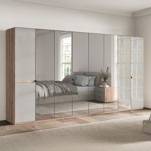 Drehtüren-Kleiderschrank Tiam Eiche Dekor mit Glasfront und Spiegel