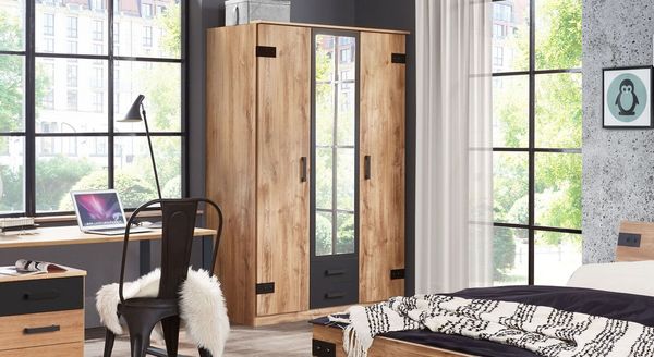 Drehtüren-Kleiderschrank Nolan mit Spiegel und Schubladen 135x198cm