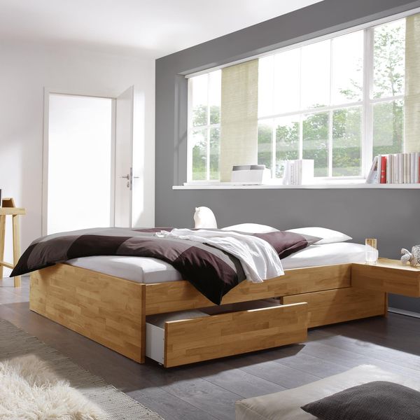 Bett Manchester Komfort Kernbuche Massivholz ohne Kopfteil mit Schubkasten