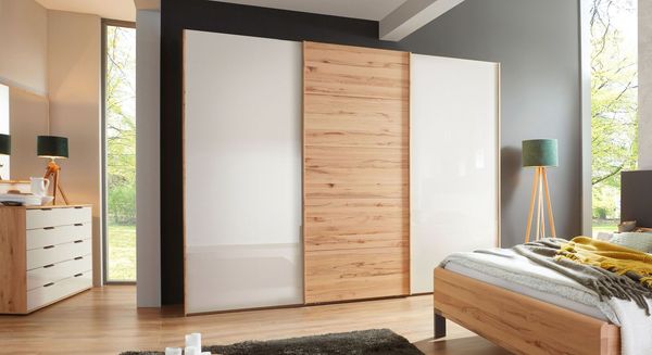 Schwebetüren-Kleiderschrank Leandra Kernbuche teilmassiv mit Glasfront