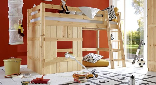 Hütten-Mini-/Midi-Hochbett Kids Paradise Kiefer Massivholz mit Lattenrost 90x200 cm
