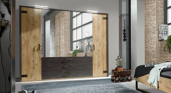 Drehtüren-Kleiderschrank Mancos Eiche Dekor mit Spiegel und Schubladen