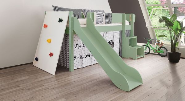 Mini-Hochbett Kids Town Color Buche teilmassiv mit Lattenrost, Rutsche und Kletterwand 90x200 cm