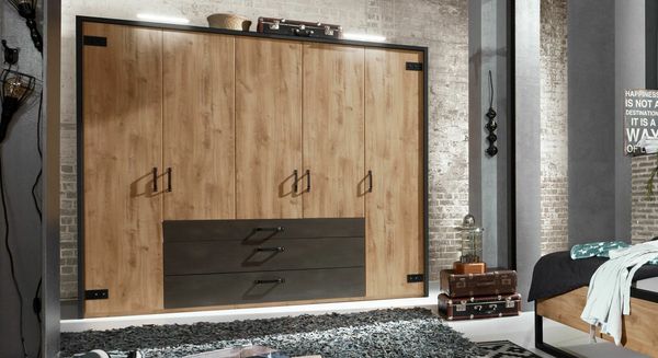 Drehtüren-Kleiderschrank Lakewood Eiche Dekor mit Schubladen