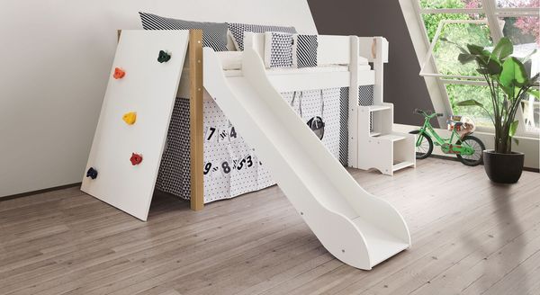 Mini-Hochbett Kids Town Buche teilmassiv mit Lattenrost, Rutsche und Kletterwand 90x200 cm