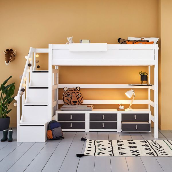 LIFETIME Hochbett Original Kiefer Massivholz mit Lattenrost undTreppenmodul 90x200 cm