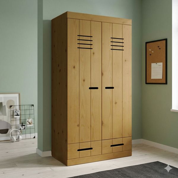 Drehtüren-Kleiderschrank Derby Kiefer Massivholz mit Schubladen mit Innenausstattung H 190cm