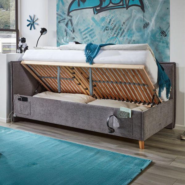 Polsterliege Teya Komfort Velours mit Lattenrost und Bettkasten