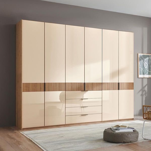 Drehtüren-Kleiderschrank Solya Eiche teilmassiv mit Glasfront und Schubladen