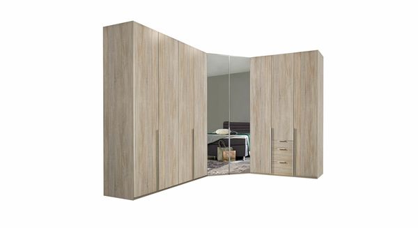 Eck-Kleiderschrank Coreno Eiche Dekor mit Beleuchtung und Spiegel
