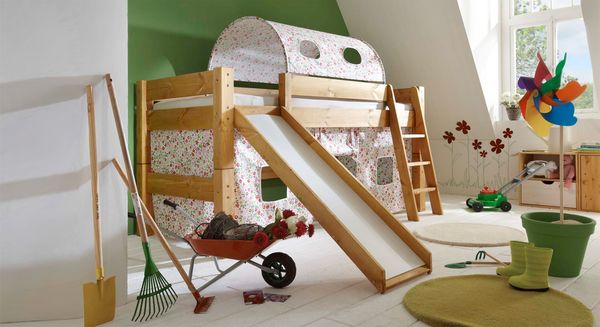 Mini-Hochbett Kids Dreams Kiefer Massivholz mit Lattenrost und Rutsche 90x200 cm