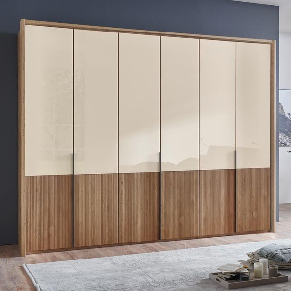 Drehtüren-Kleiderschrank Solya Eiche teilmassiv mit Glasfront