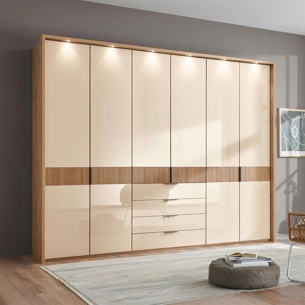 Drehtüren-Kleiderschrank Solya Eiche teilmassiv mit Glasfront und Schubladen