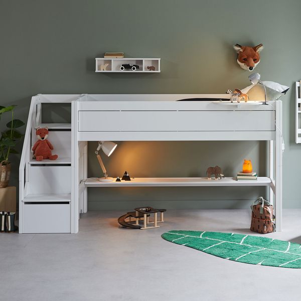 LIFETIME Midi-Hochbett Original Kiefer Massivholz mit Lattenrost und Treppenmodul